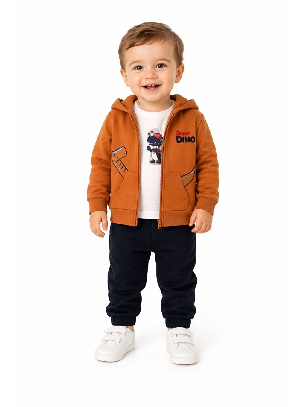Turuncu Erkek Bebek Dino Baskılı Kapüşonlu 3lü Takım Fermuarlı Hırka Tişört Pantolon