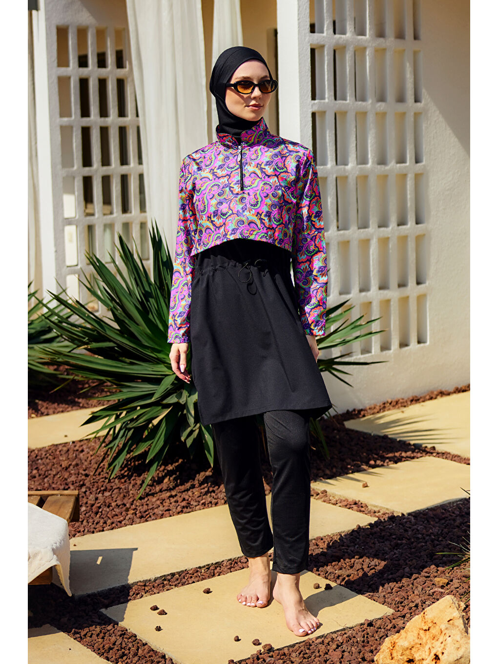 Önü Kapaklı Tam Kapalı Tesettür Mayo Siyah R5200-1