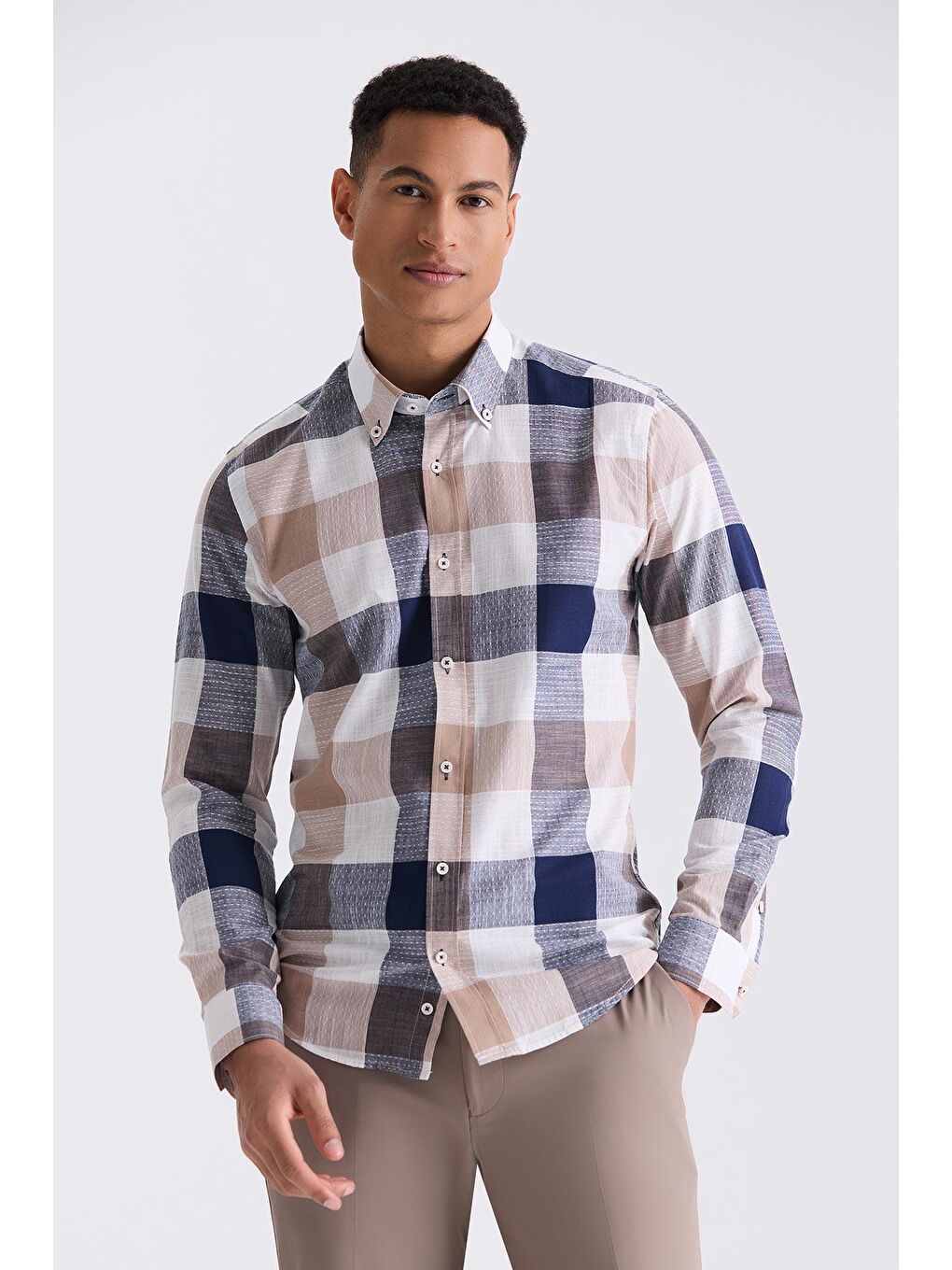 Kahverengi Kahve Slim Fit Kareli %100 Pamuk Gömlek