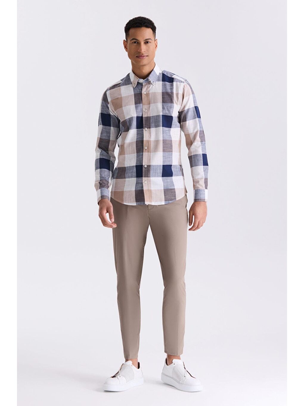 Kahverengi Kahve Slim Fit Kareli %100 Pamuk Gömlek-1