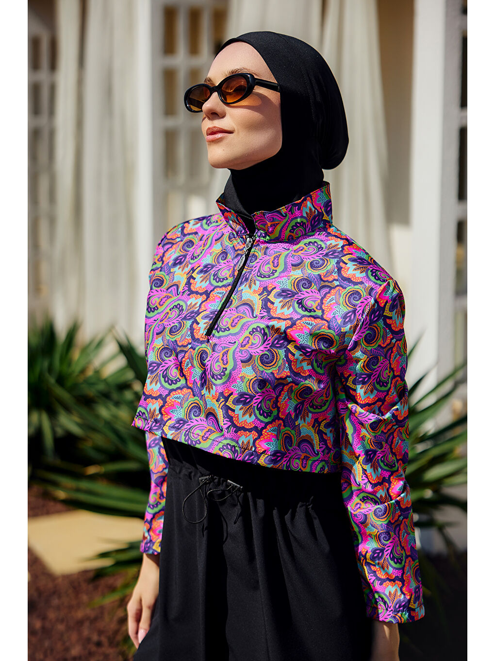 Önü Kapaklı Tam Kapalı Tesettür Mayo Siyah R5200-2