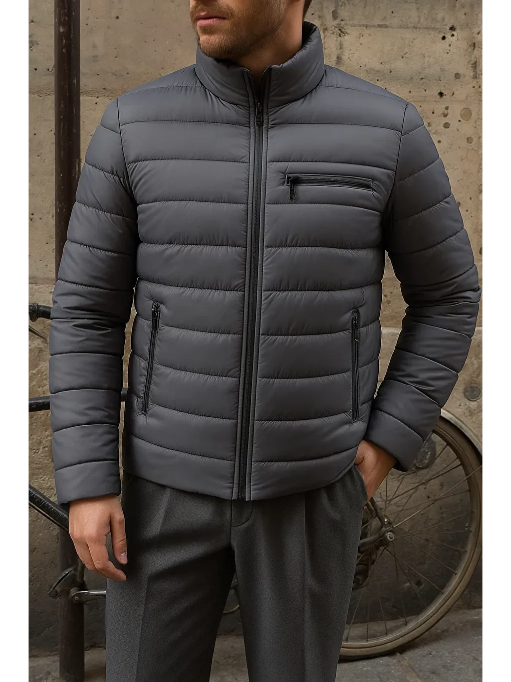 Gri Erkek Kışlık Slim Fit Günlük Füme Şişme Mont