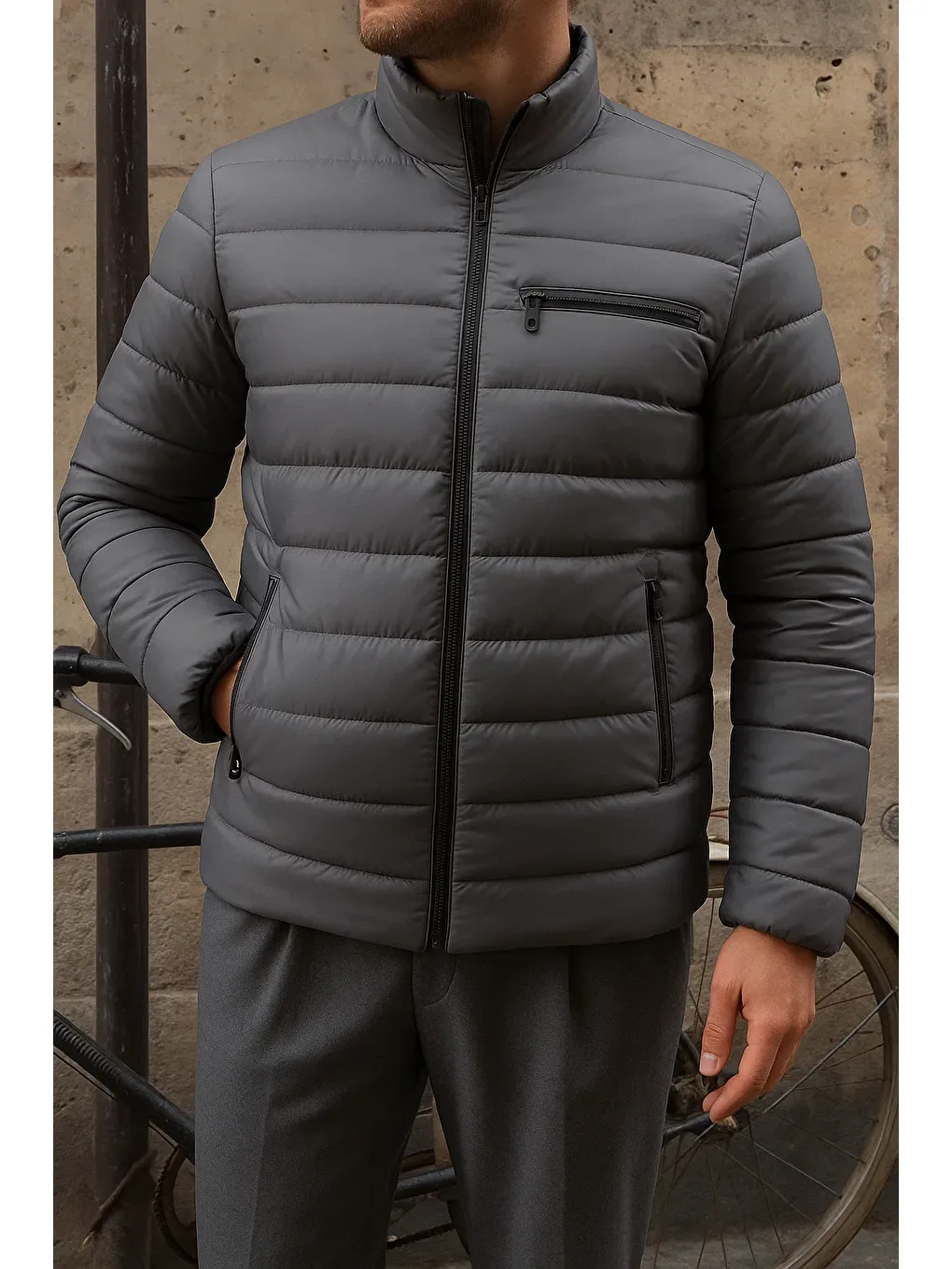 Gri Erkek Kışlık Slim Fit Günlük Füme Şişme Mont-1