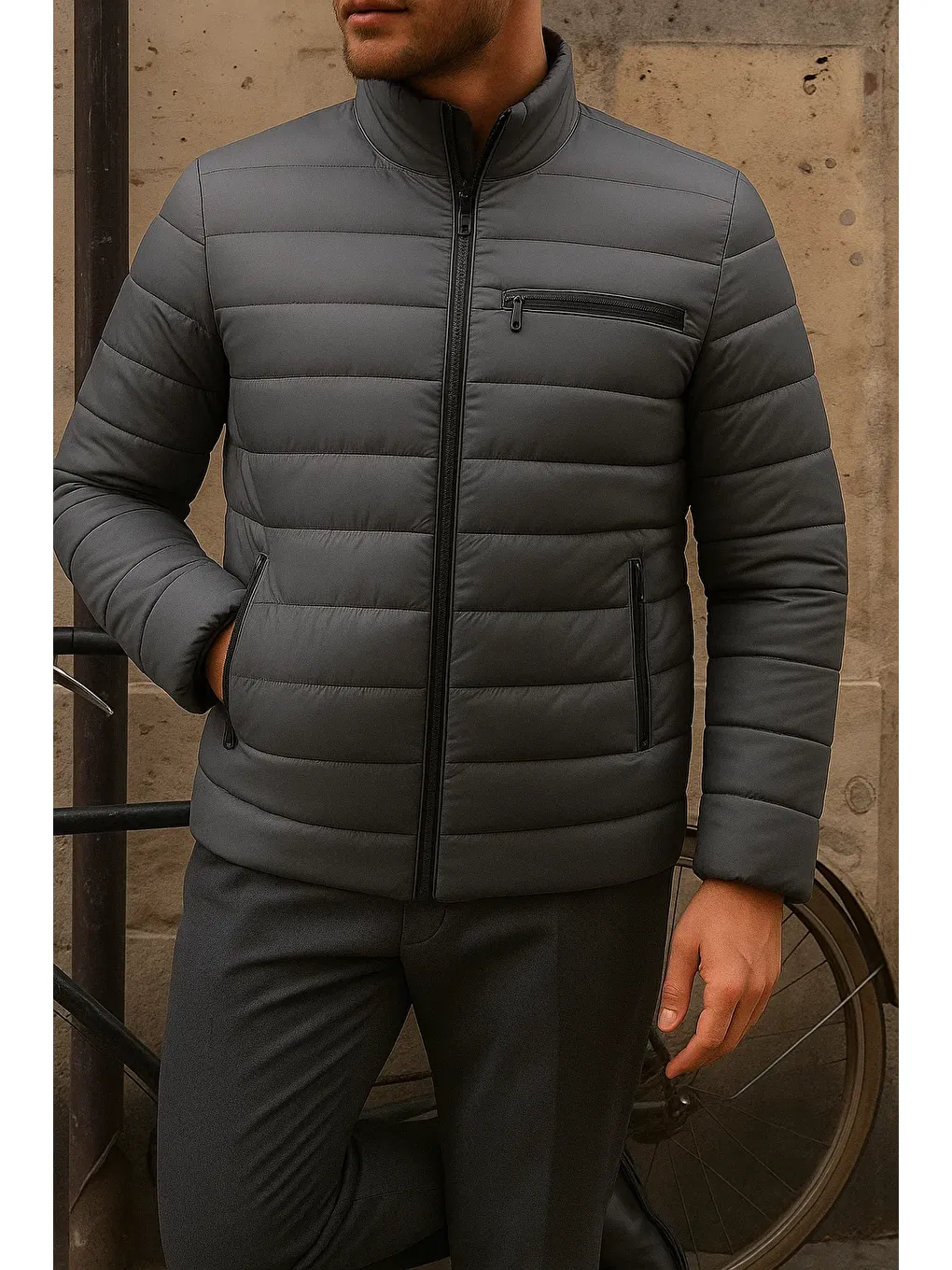 Gri Erkek Kışlık Slim Fit Günlük Füme Şişme Mont-2