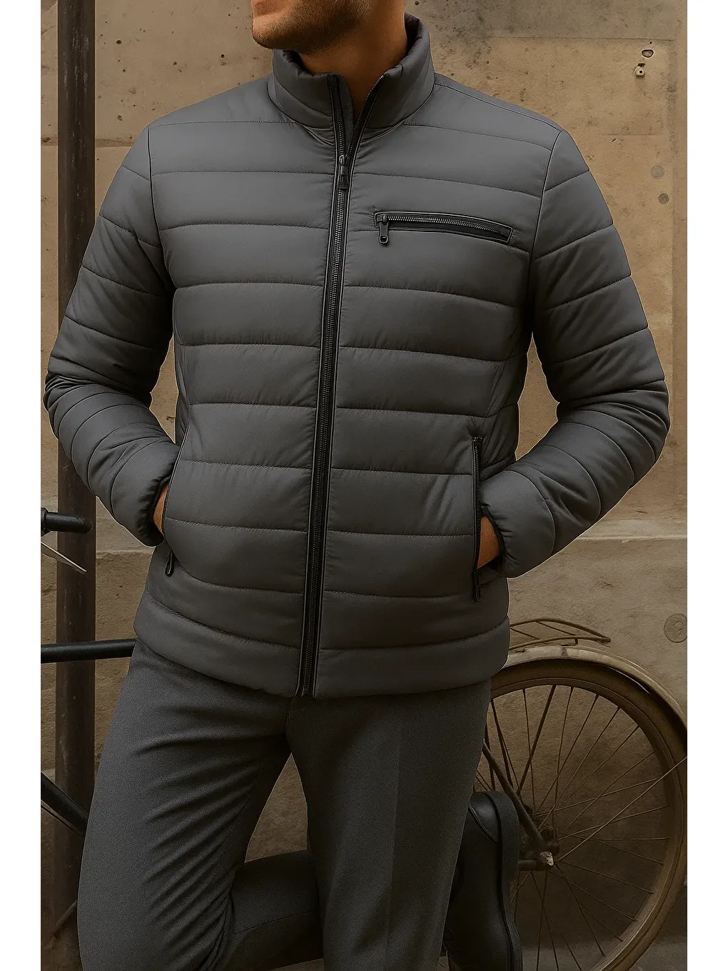 Gri Erkek Kışlık Slim Fit Günlük Füme Şişme Mont-3