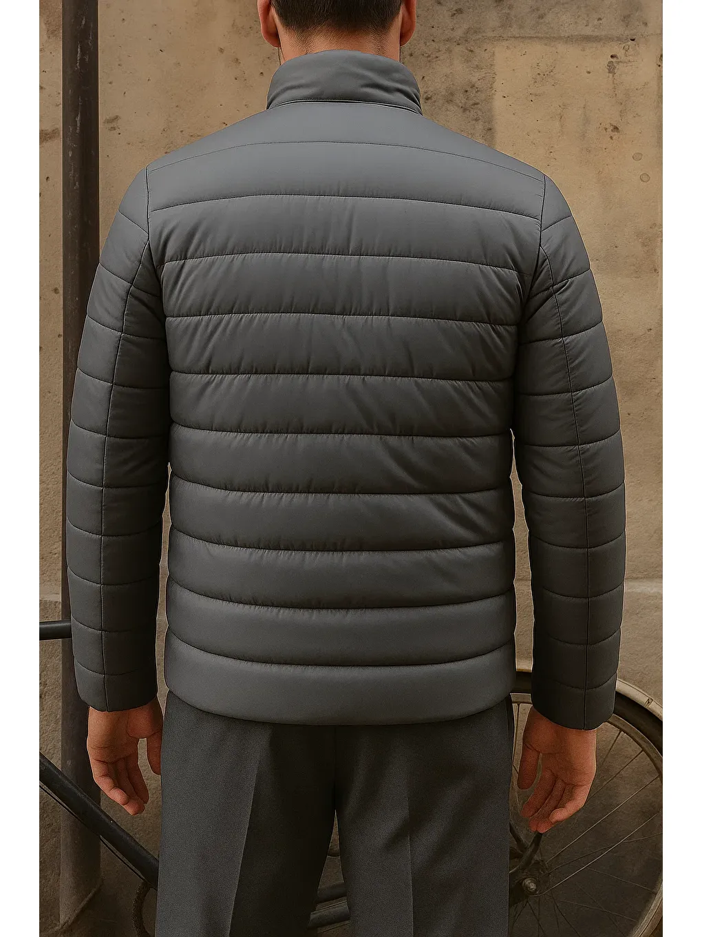 Gri Erkek Kışlık Slim Fit Günlük Füme Şişme Mont-4