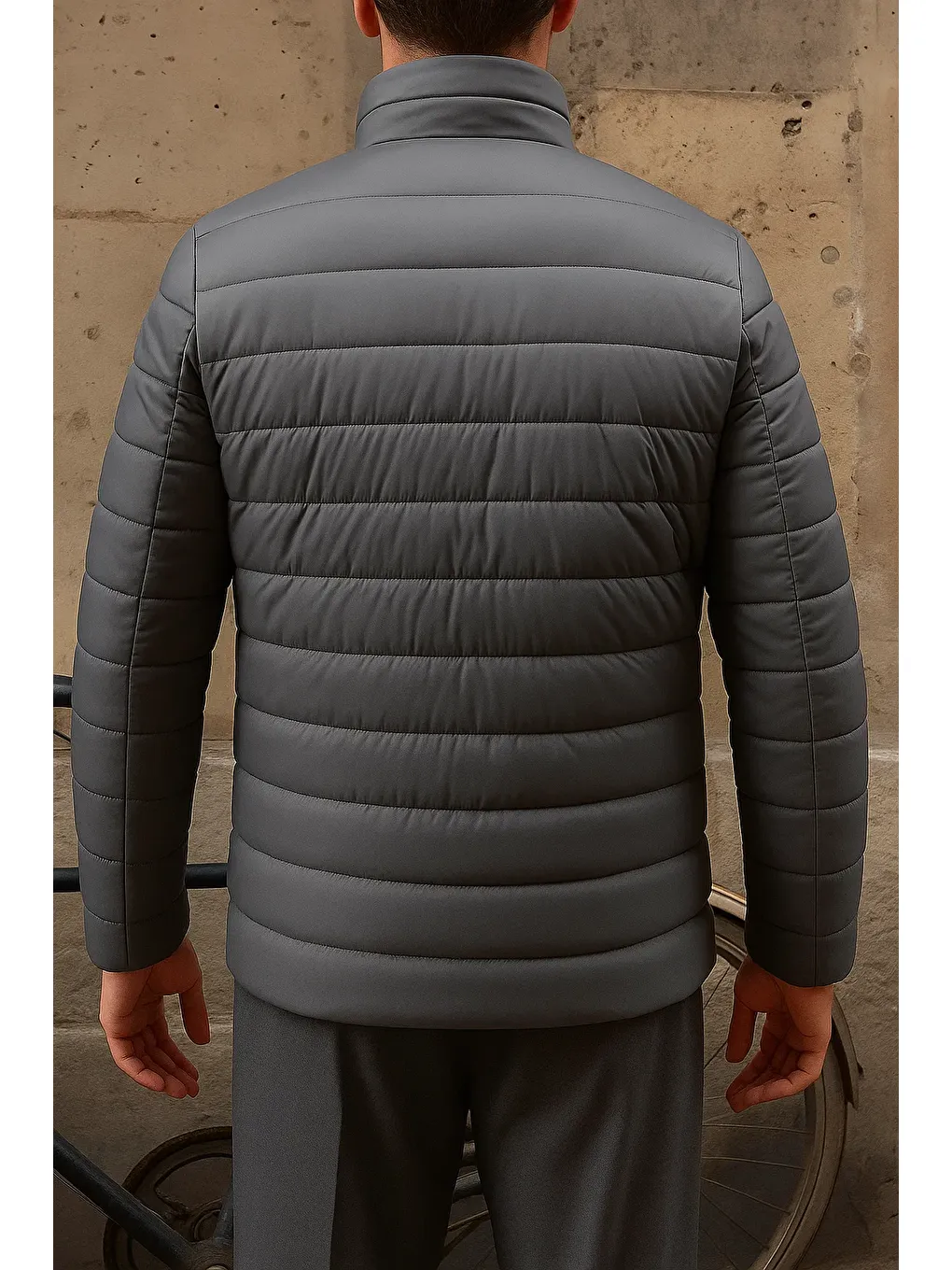 Gri Erkek Kışlık Slim Fit Günlük Füme Şişme Mont-5