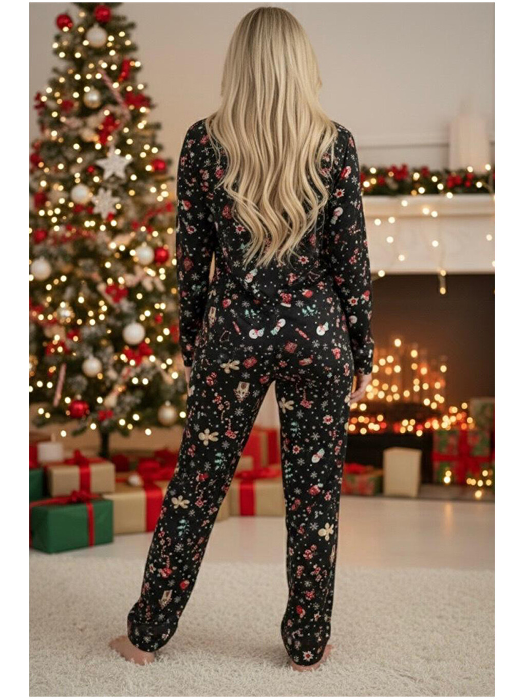 Siyah Yumuşak Dokulu Süet Düğmeli Örme Pijama Takım 7984-2
