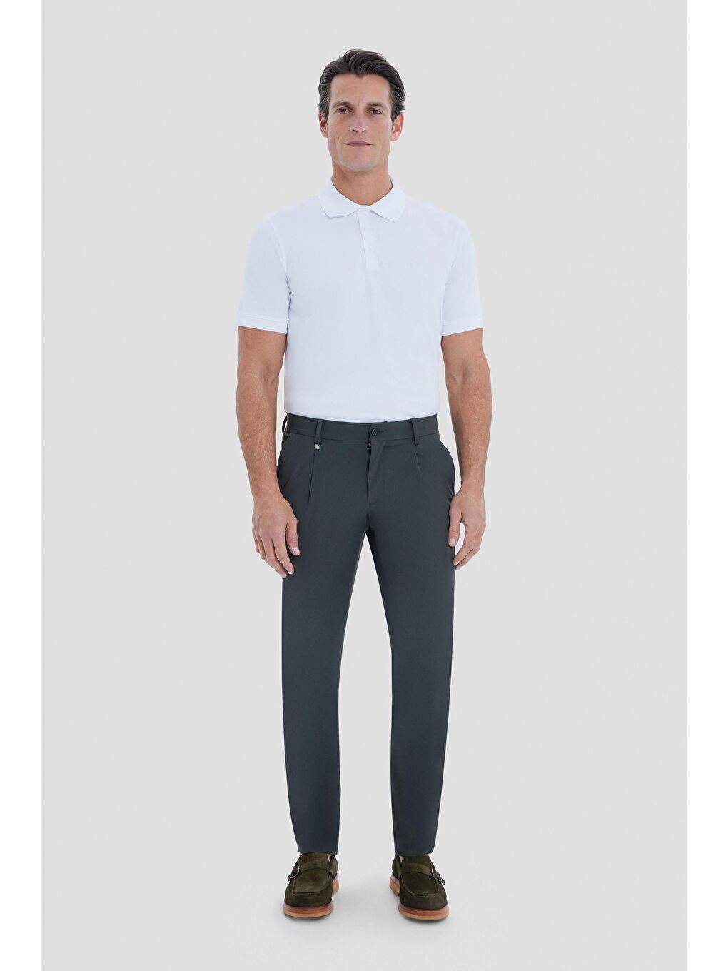 Erkek Haki Normal Kesim Regular Fit Dokuma Yan Cep Normal Bel Pileli Chino Pantolon-2