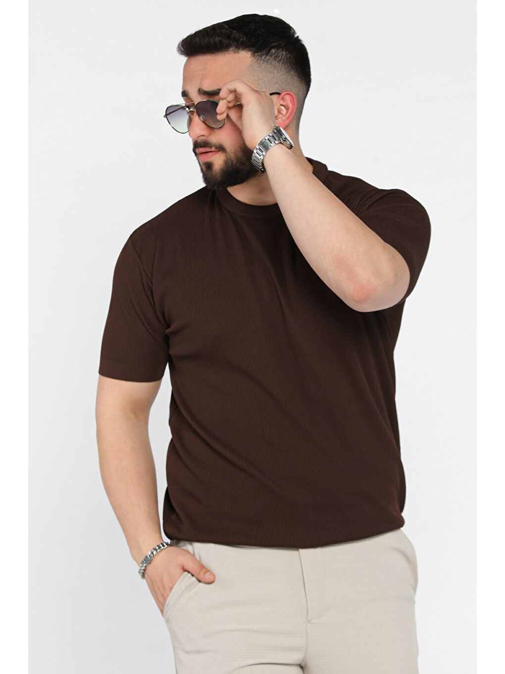 Kahverengi Erkek Bisiklet Yaka Fitilli Tişört-1