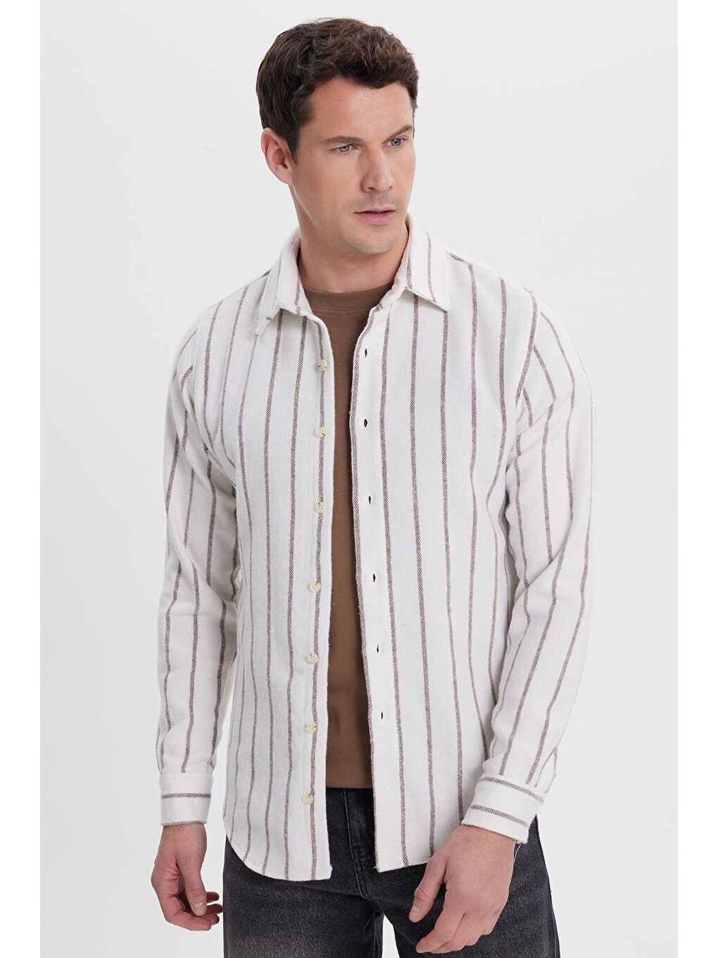 Karışık Erkek Slim Fit Dar Kesim Yaka  Düğmeli Çizgili Oduncu Gömlek