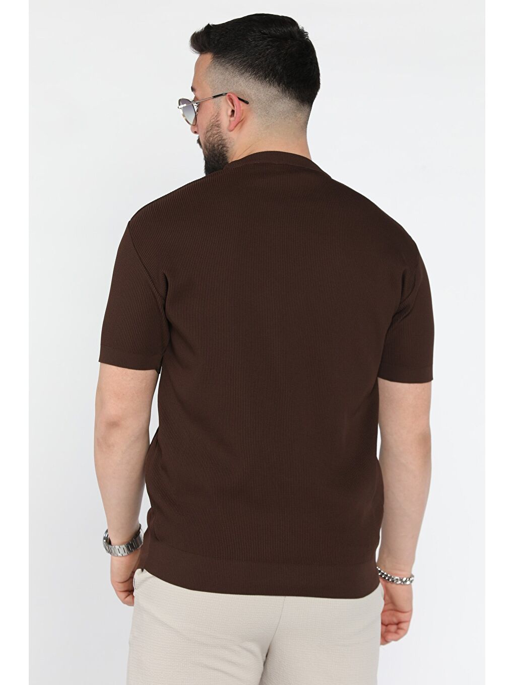 Kahverengi Erkek Bisiklet Yaka Fitilli Tişört-2