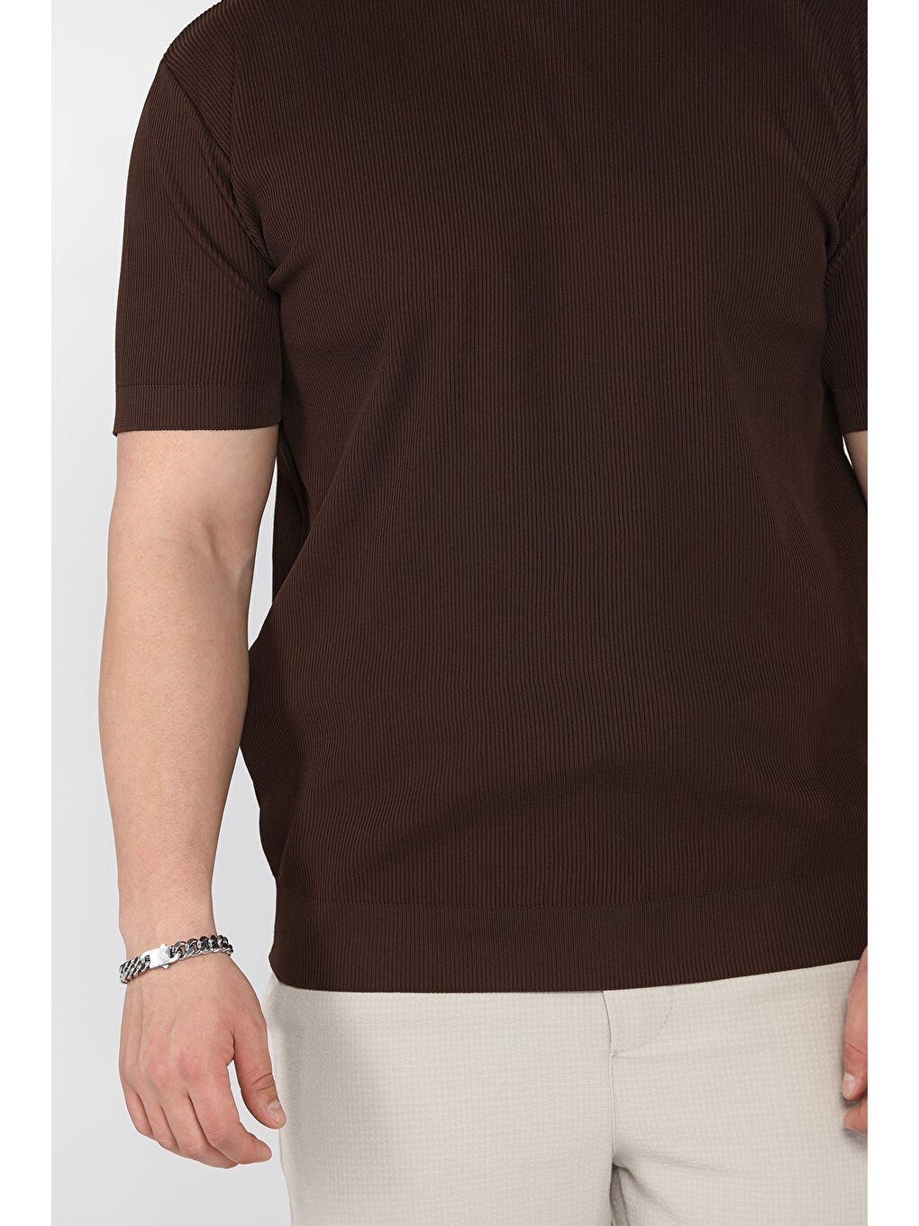 Kahverengi Erkek Bisiklet Yaka Fitilli Tişört-3