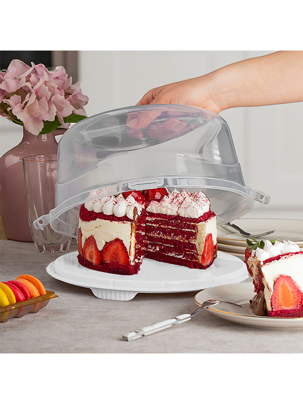 Beyaz 0013 Yuvarlak Kek Pasta Börek Saklama Kabı - Kilitli Kapaklı Taşıma Fanusu 25 cm