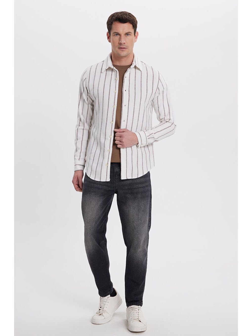 Karışık Erkek Slim Fit Dar Kesim Yaka  Düğmeli Çizgili Oduncu Gömlek-3