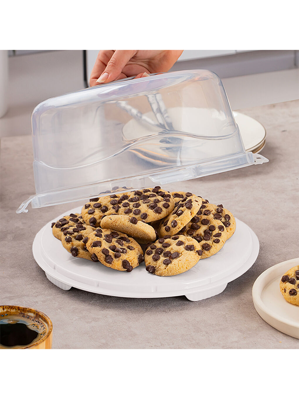 Beyaz 0013 Yuvarlak Kek Pasta Börek Saklama Kabı - Kilitli Kapaklı Taşıma Fanusu 25 cm-1