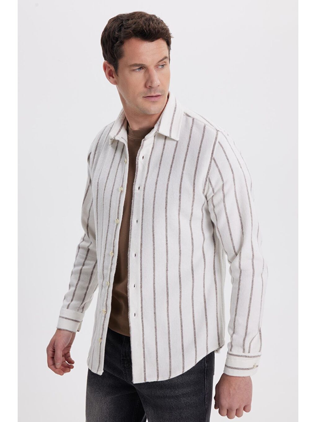 Karışık Erkek Slim Fit Dar Kesim Yaka  Düğmeli Çizgili Oduncu Gömlek-4