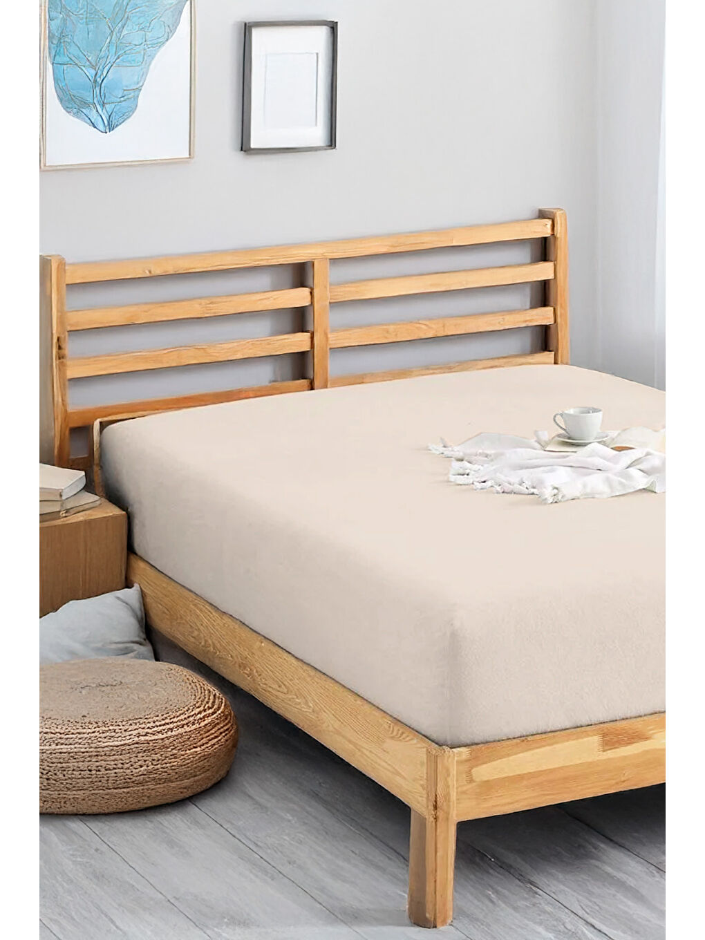 Ekru Penye Lastikli Çarşaf Pamuklu Jersey Süper Battal Kişilik 200x200cm Krem-1