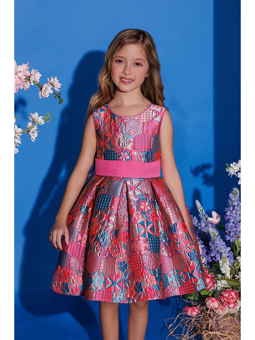 Pembe Etnik Desenli Jakarlı Kız Çocuk Elbise