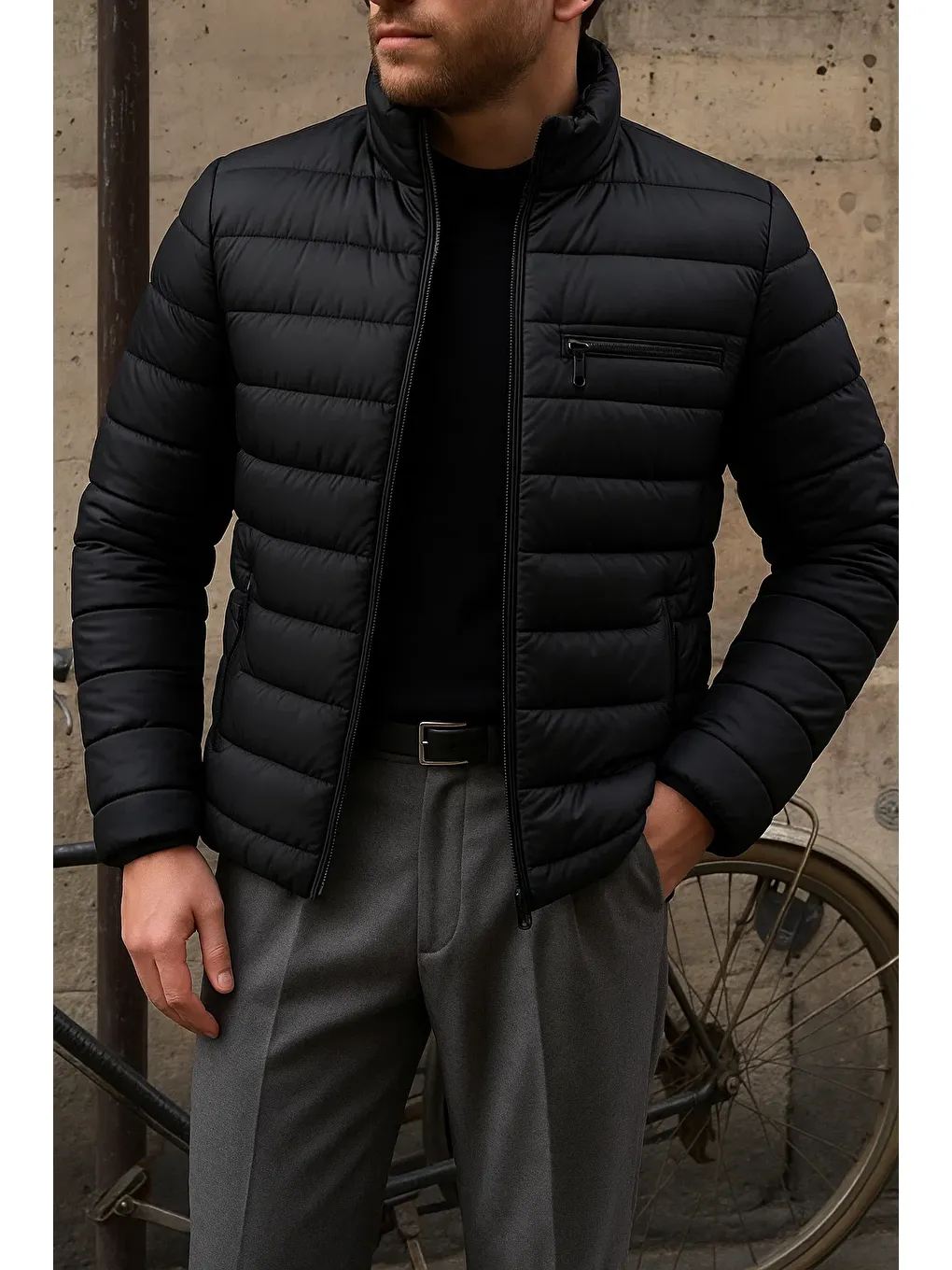 Erkek Kışlık Slim Fit Günlük Siyah Şişme Mont-1