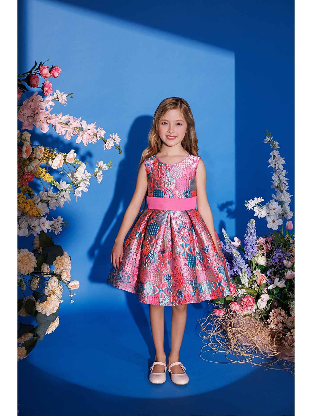 Pembe Etnik Desenli Jakarlı Kız Çocuk Elbise-1