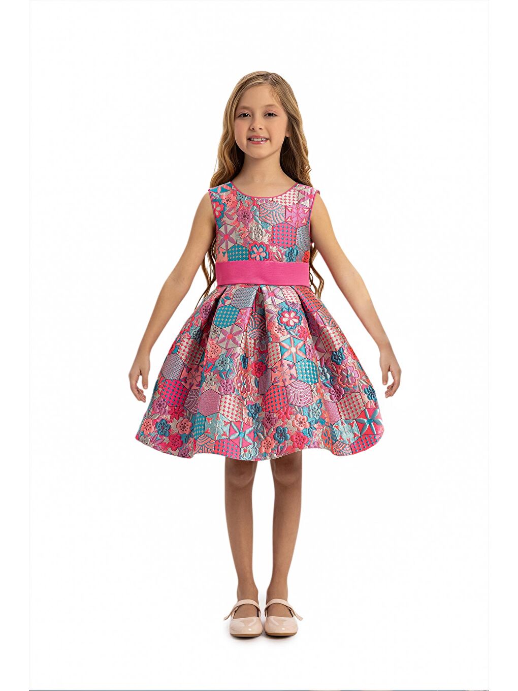 Pembe Etnik Desenli Jakarlı Kız Çocuk Elbise-2