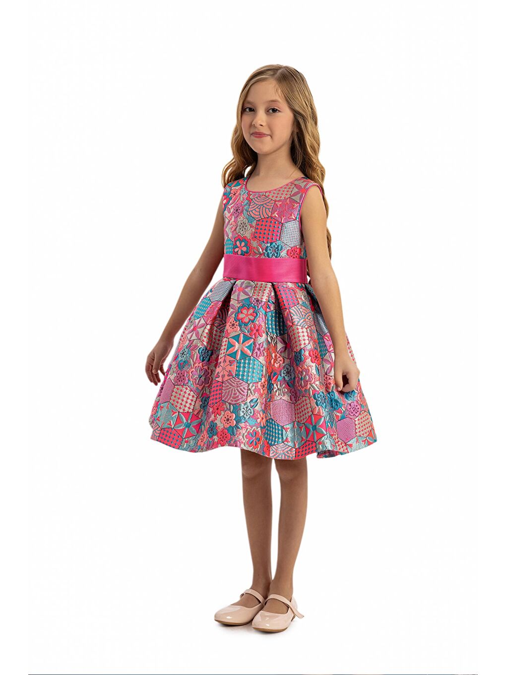 Pembe Etnik Desenli Jakarlı Kız Çocuk Elbise-3
