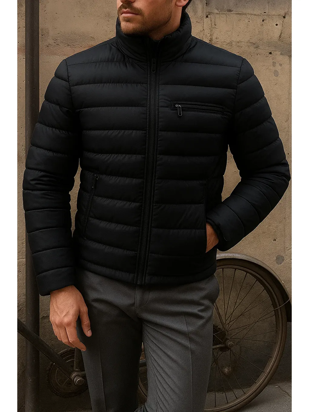 Erkek Kışlık Slim Fit Günlük Siyah Şişme Mont-2