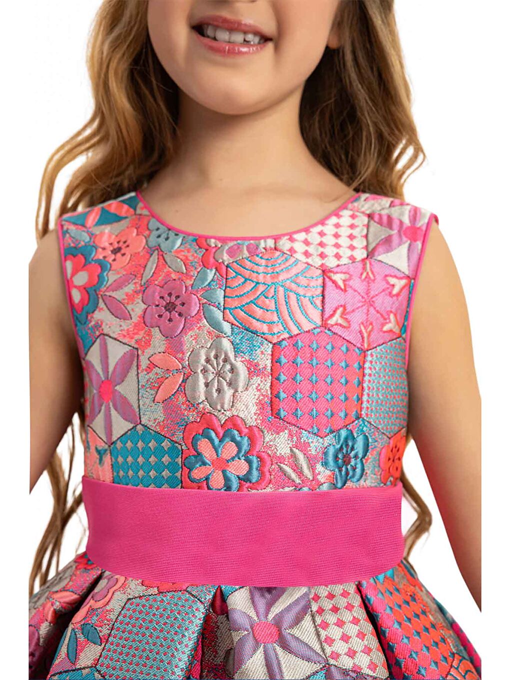 Pembe Etnik Desenli Jakarlı Kız Çocuk Elbise-4