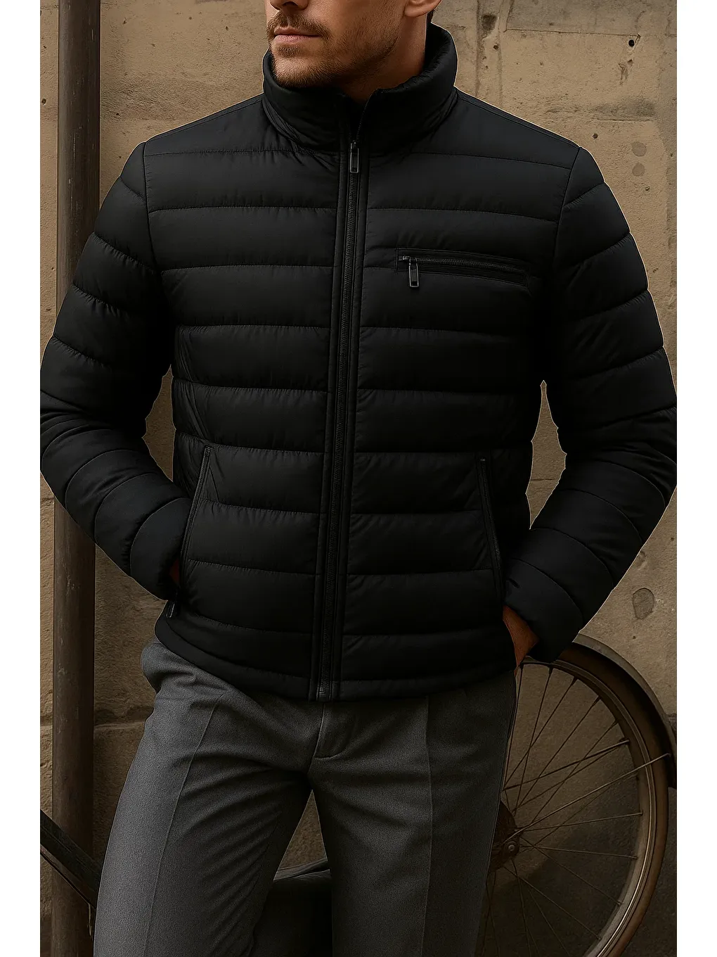 Erkek Kışlık Slim Fit Günlük Siyah Şişme Mont-3