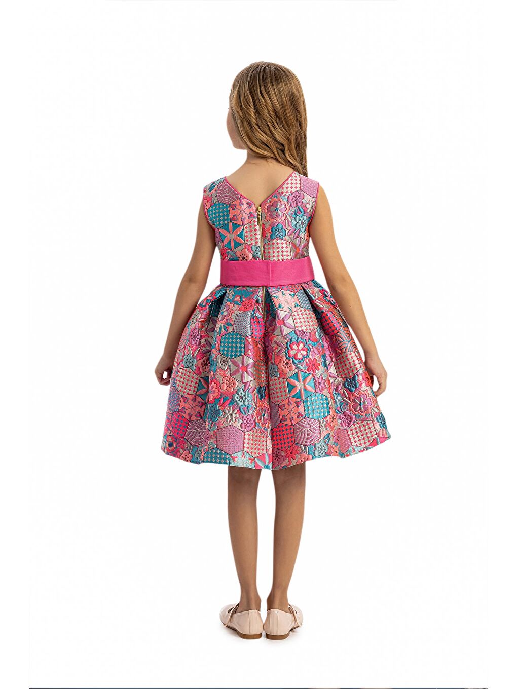 Pembe Etnik Desenli Jakarlı Kız Çocuk Elbise-5