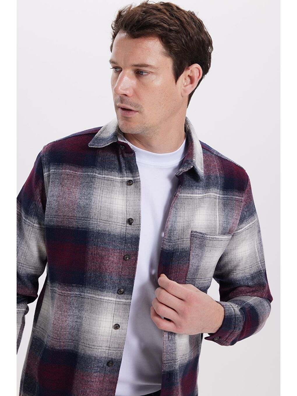 Gri Erkek Regular Fit Rahat Kesim Kışlık Kareli Oduncu Gömlek-1