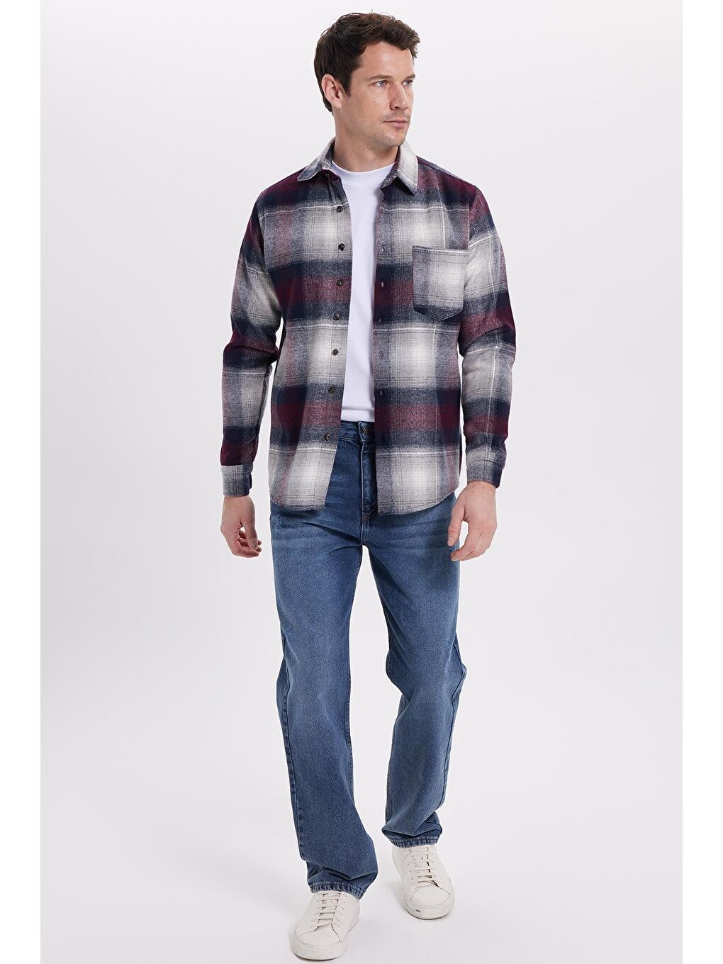 Gri Erkek Regular Fit Rahat Kesim Kışlık Kareli Oduncu Gömlek-3