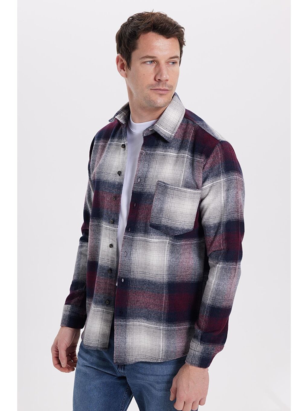 Gri Erkek Regular Fit Rahat Kesim Kışlık Kareli Oduncu Gömlek-4