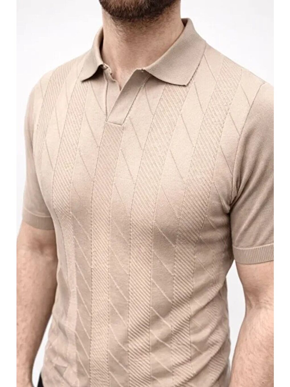 Bej Erkek Yazlık Triko Dokuma Tişört