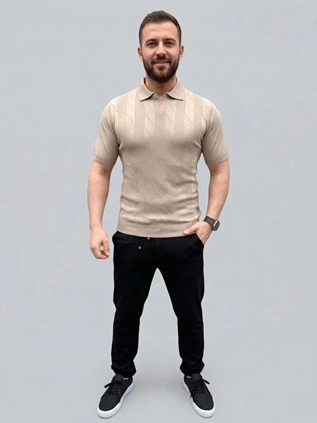 Bej Erkek Yazlık Triko Dokuma Tişört-1