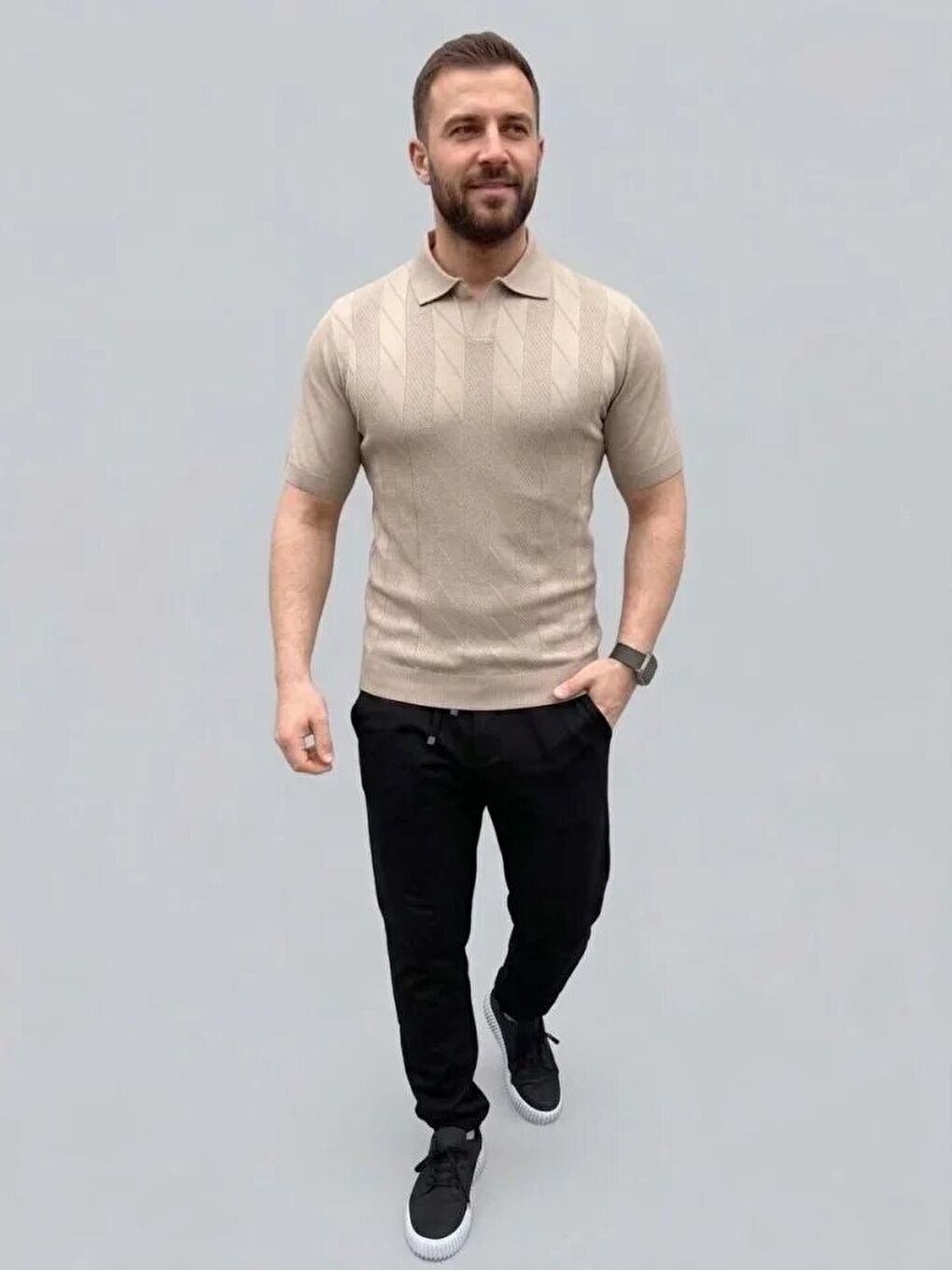 Bej Erkek Yazlık Triko Dokuma Tişört-2