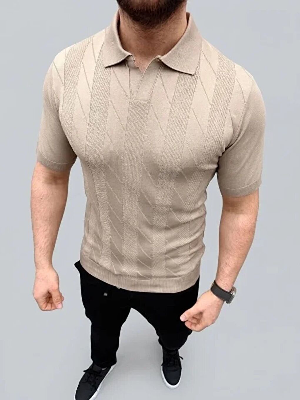 Bej Erkek Yazlık Triko Dokuma Tişört-3