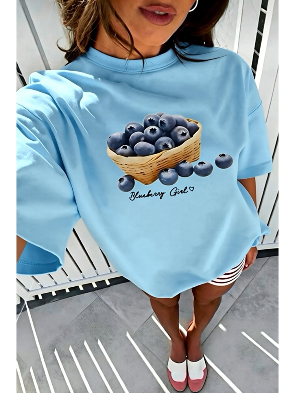 Turkuaz Blueberry Girl Tasarım Baskılı Pamuklu Oversize Kadın T-shirt