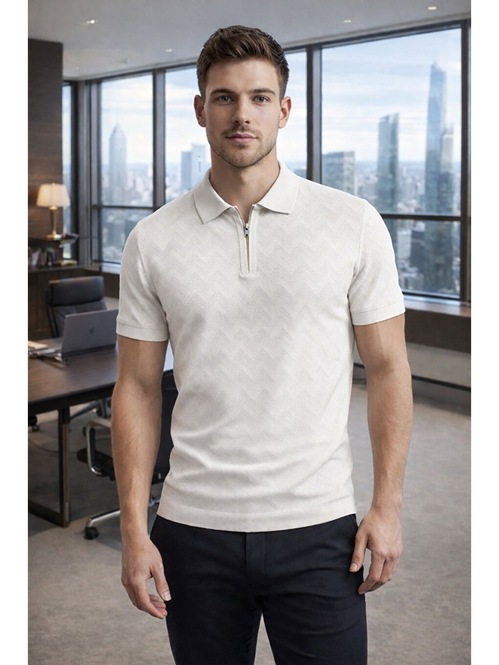 Beyaz Erkek Slim Fit Fermuarlı Polo Yaka Triko Tişört