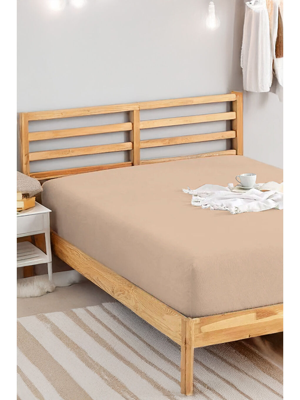 Penye Lastikli Çarşaf Pamuklu Jersey Battal Kişilik 180x200cm Bej-1