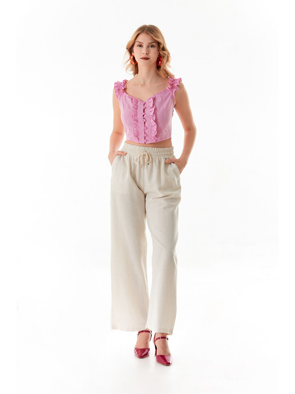 Bej Beli Lastikli Bağlamalı Keten Pantolon