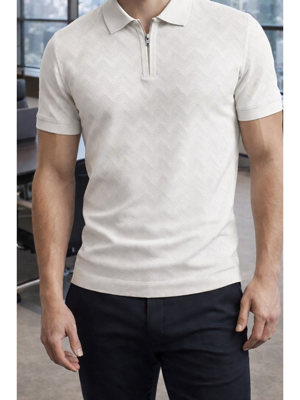 Beyaz Erkek Slim Fit Fermuarlı Polo Yaka Triko Tişört-1