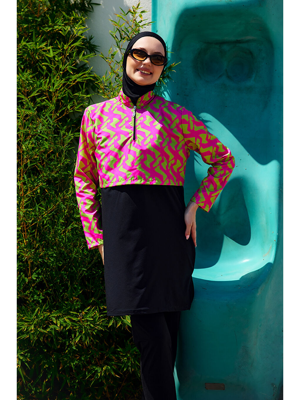 Önü Kapaklı Tam Kapalı Tesettür Mayo Siyah04 R5204-1