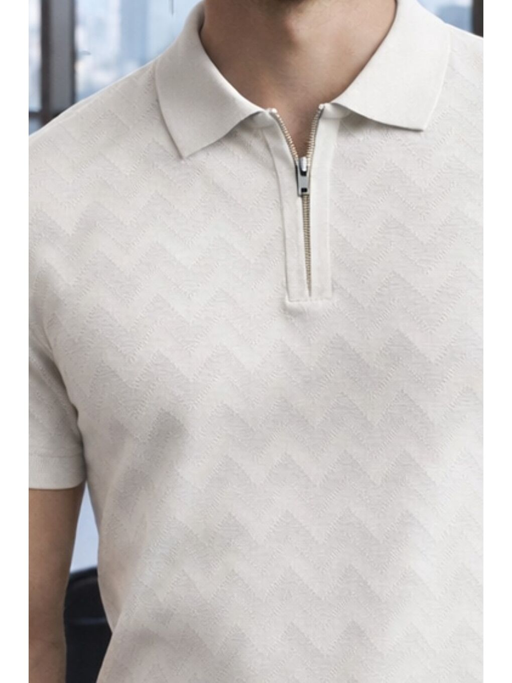 Beyaz Erkek Slim Fit Fermuarlı Polo Yaka Triko Tişört-2