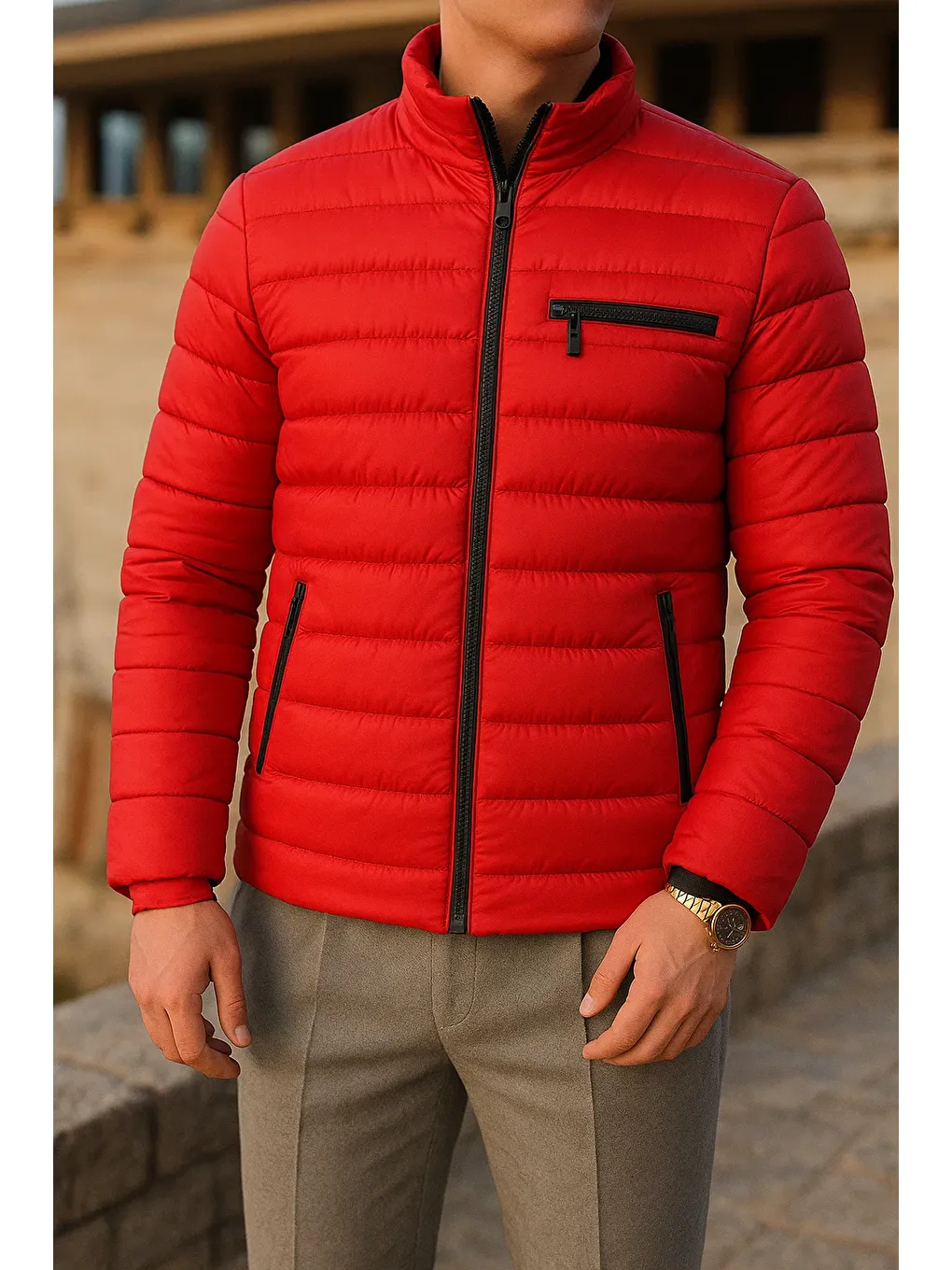 Erkek Kışlık Comfort Trend Günlük Kırmızı Şişme Mont