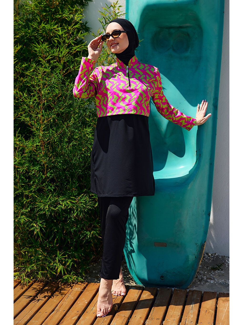 Önü Kapaklı Tam Kapalı Tesettür Mayo Siyah04 R5204-2