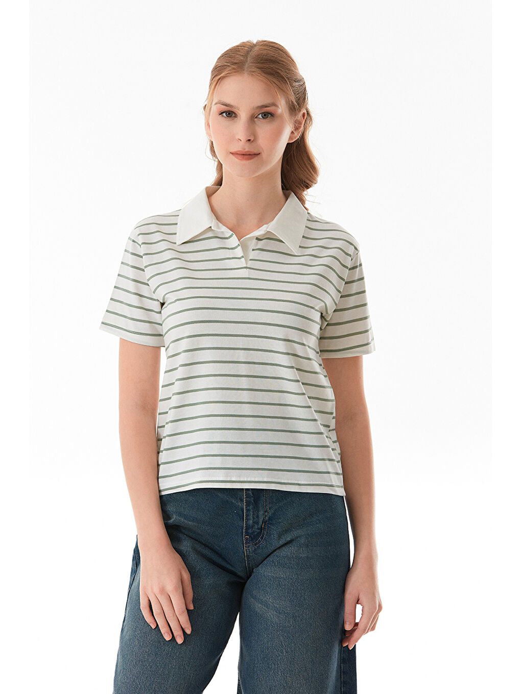 Turkuaz Çizgili polo Yaka Tişört