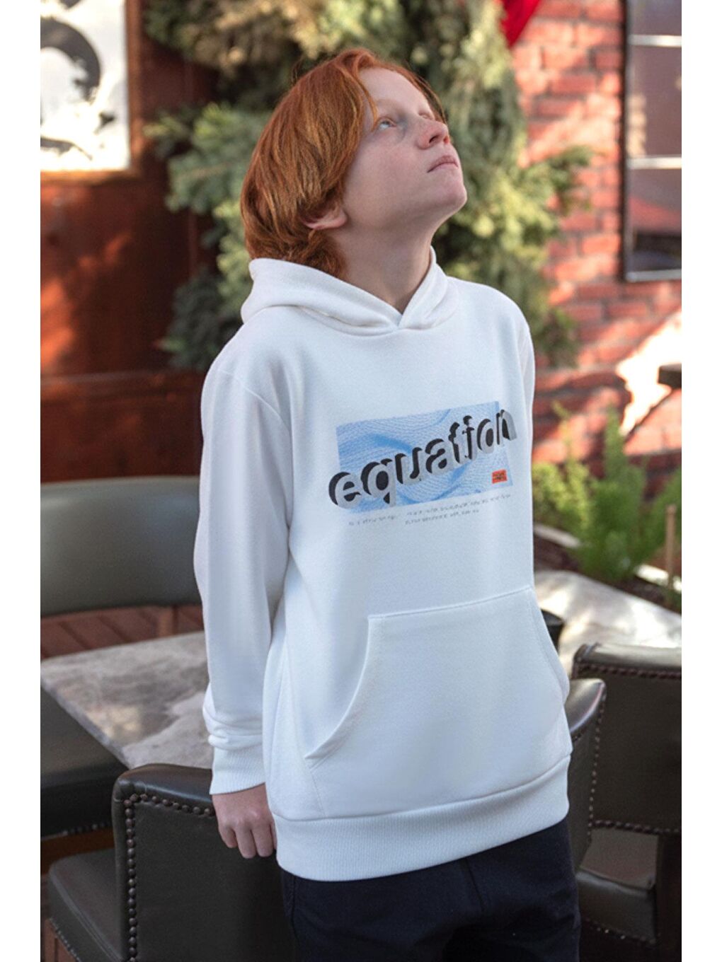 Erkek Çocuk Sweatshirt Yazı Baskılı Kanguru Cepli Kapüşonlu Beyaz (8-14 Yaş)-1