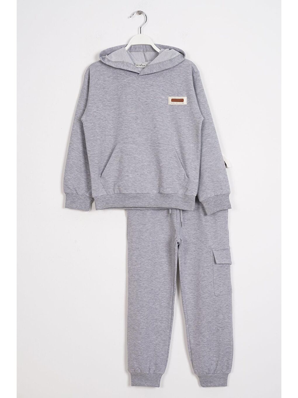 Kapüşonlu Kargo Cepli Gri Melanj Renk Erkek Çocuk Eşofman Takım
